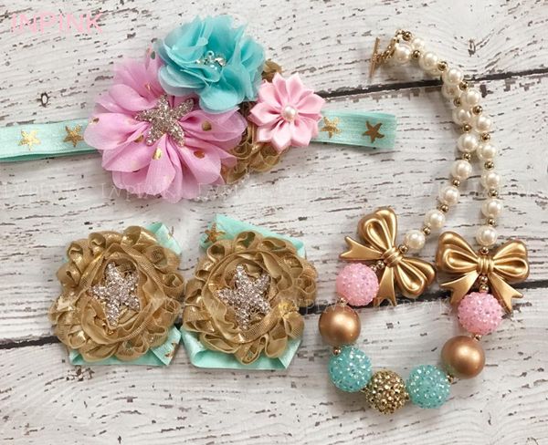 

inpink pink aqua gold baby chunky bubblegum necklace beads necklace for girls kids toy, Golden;silver