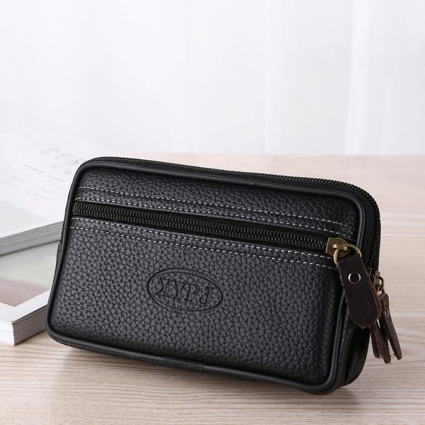 

men's leather double layer phone waist bag outdoor sport hiking climbing