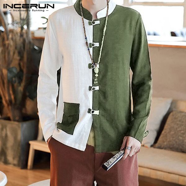 

incerun autumn retro men chic stitching long sleeve collar casual shirt stylish buckle cotton social daily joker mens blouse, White;black