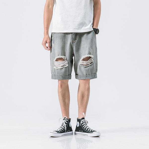 

men fashion ripped distressed straight fit denim shorts turn down hem, Blue