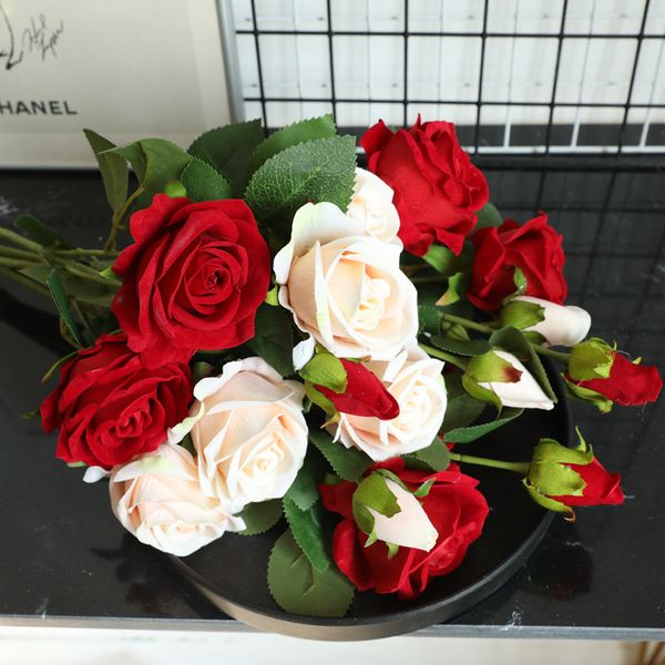 

7pcs lint rose artificial flower wall wedding decoration background 3 heads rose fake flowers wreath home garden decoration