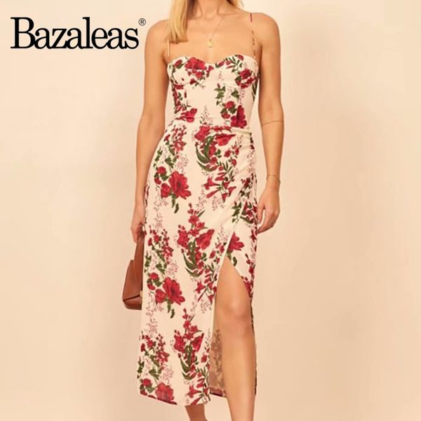 

bazaleas holiday floral print split summer dress spaghetti strap women midi dress vintage side ruch women chiffon vestidos, Black;gray