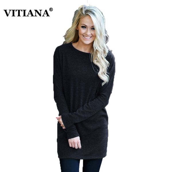 

vitiana women casual kint dress female 2019 autumn spring long sleeve solid black green wine loose mini dresses knitted clothes, Black;gray