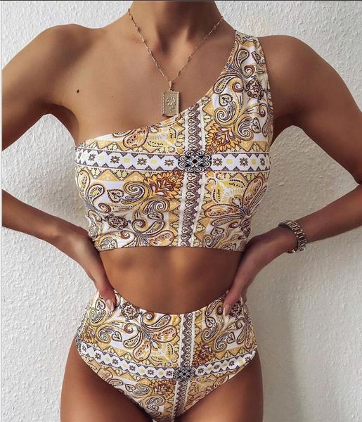 

bikinis set high waist swimsuit 2021 women swimwear vintage print one shoulder bikini bathing suits swim wear biquini