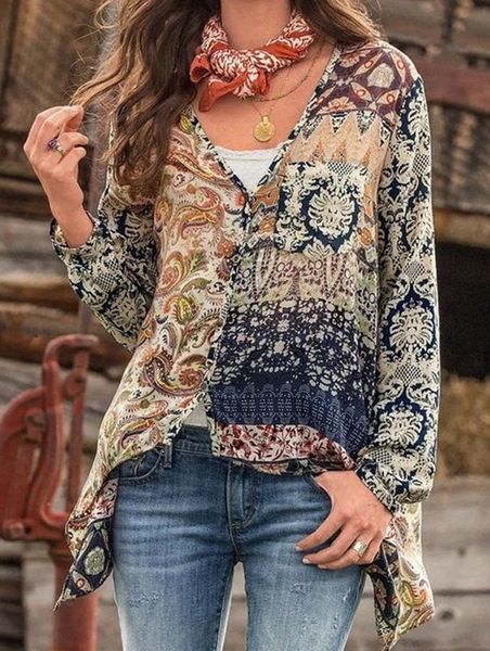 

simplee v-neck printed women blouse autumn long sleeve female blouse casual ladies office wear shirts new plus size, White