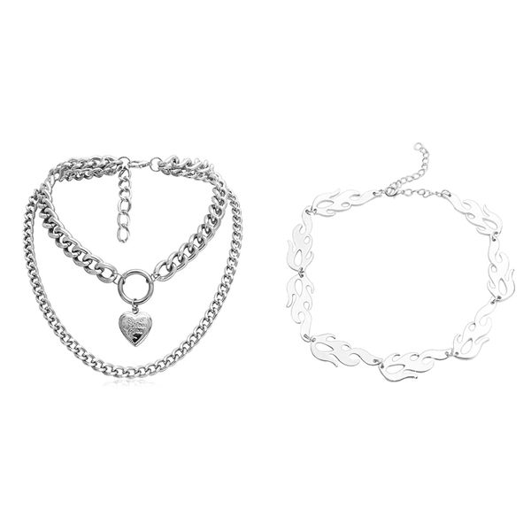 

harajuku streetwear alloy flame necklace & punk metal heart choker necklace for women big thick chain round hollow multil, Silver