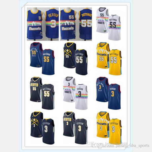 

new mens denver nuggets nba 55 dikembe mutombo 3 allen iver son throwback basketball jerseys white yellow navy blue nug gets, Black;red