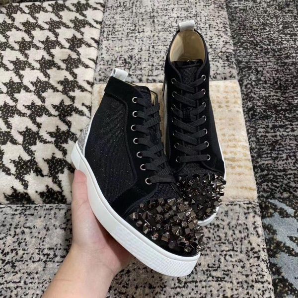 

fashion paris dress black glitter leather studs spikes red bottom sneakers lovers red sole autumn winter casual walking ing