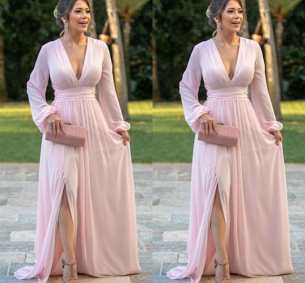 2020 Pink Poet Langarm Abendkleider für den Bräutigam, tiefer V-Ausschnitt, seitlicher Schlitz, plissiert, drapiert, Chiffon, Mutter der Braut-Kleid, Mutter, Hochzeit, Brautmode