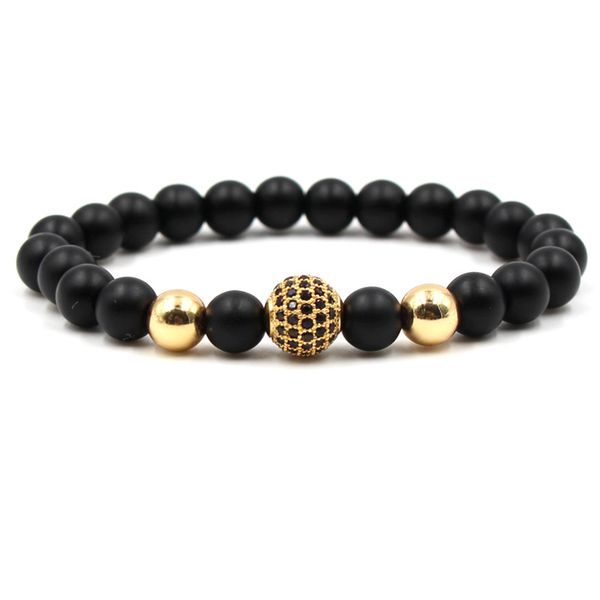 

8mm black natural stone bracelet with 10mm micro paved zircon ball stone elastic bracelet jewelry