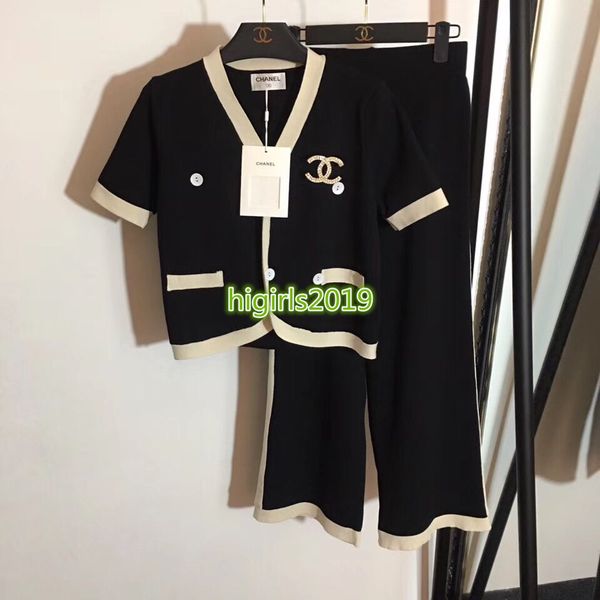 

High end women girl knit pant et cardigan t hirt hort leeve cry tal brooch tee hirt wide leg trou er fa hion de ign luxury uit