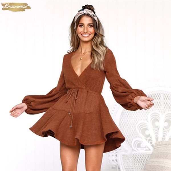 

long winter dresses puff sleeve knitted autumn deep v neck off shoulder elastic waist lace up mini women dress, Black;gray