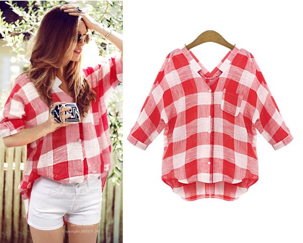 

women red plaid v-neck classical fashion shirt loose style half sleeve beautiful casual shirt, White