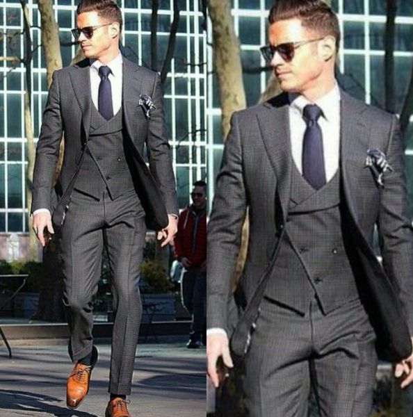 

plaid mens tuxedos herringbone wedding suits for men british style custom made mens suit slim fit blazer(jacket+pant+vest, Black;gray
