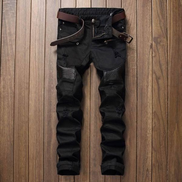 

wholesale- men pu leather jeans casual design biker jeans men slim denim straight ripped men biepa jeans, Blue