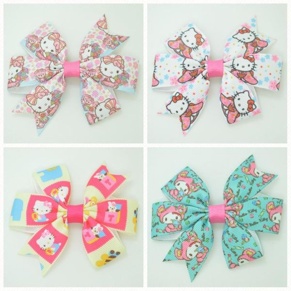 

supwrf 3.1'' kitty cartoon pink kids hair accessories hair bow with clip ribbon headwear wholesale  pcs t0929, Slivery;white
