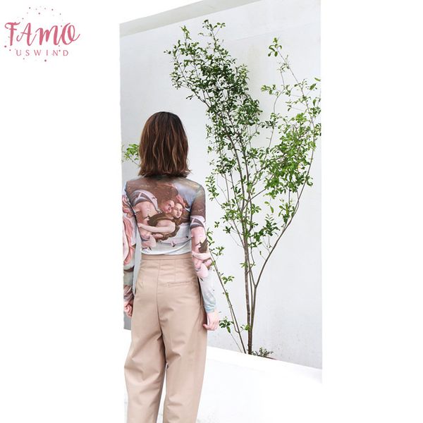 

female t shirt women t shirt tee print t shirt flutter sleeve elastic mesh painting long sleeve women shirts, White