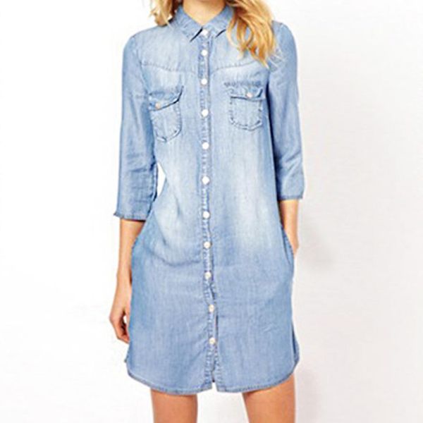 

kancoold dress women denim loose large buttons solid mini dress long women seven-sleeve casual dress women aug3, Black;gray