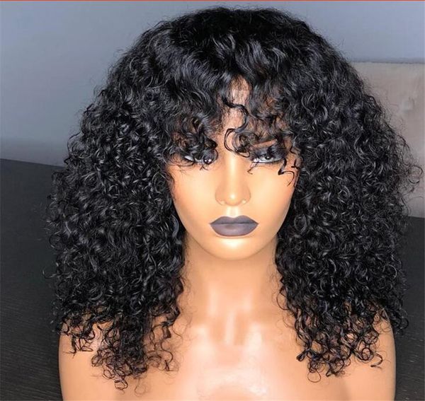Short Afro Kinky Curly Full Lace Human Hair Wigs With Bangs