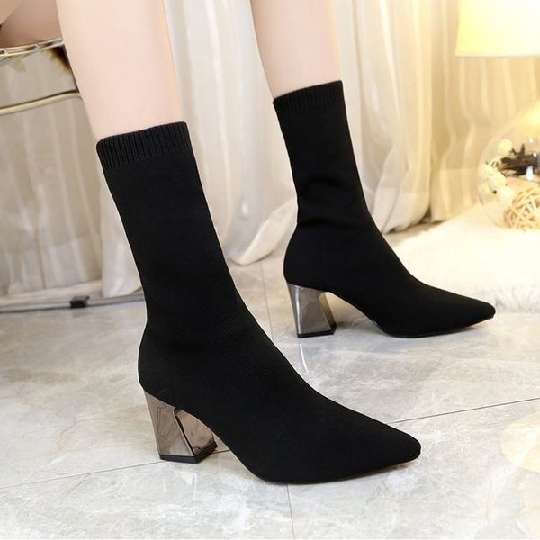 

2019 new women's high heels boots elastic fabric shoes woman pointed solid color women's winter boots size 34-43, Black