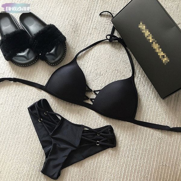 

string women set halter backless bathing suit bikini solid black bikini brazilian biquini push up swimwear, White;black