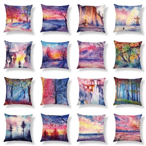 

fashion new painted landscape home sofa linen pillowcover 45*45cm car cushion cover office lunch break pillow bedding pillowcase pillow case