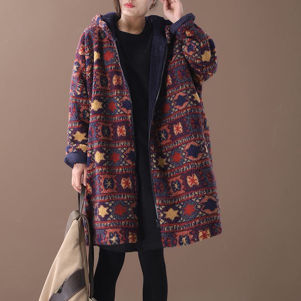 

2019 female new winter plus size korean style outerwear literary with velvet thick lamb hair printing loose cotton coat, Black