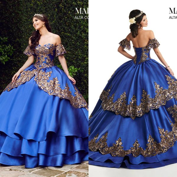 

2020 sweetheart royal blue ball gown quinceanera dresses with gold sequin tiered skirts lace up floor length vestido de festa sweet 16 dress, Blue;red