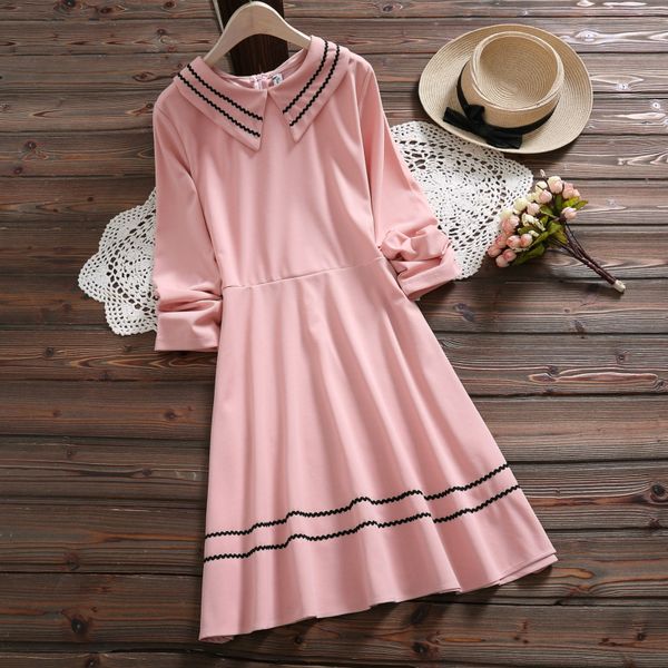 

2019 мори девочка весна женщин симпатичные платья питер пэн воротник синий розовый женский vestidos с длинным рукавом элегантная опрятный ст, Black;gray