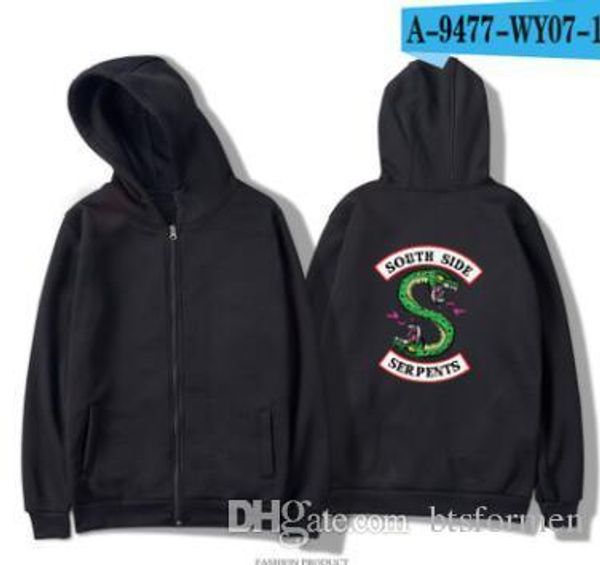 

riverdale мужского кардиган фуфайка дизайнер с капюшоном на молнии повседневных толстовки флис пуловеры, Black