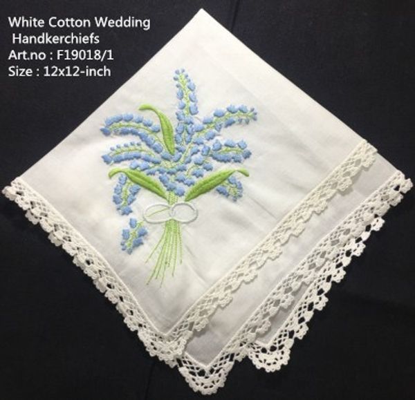

set of 12 fashion bridal handkerchiefs white cotton hankie with white lace edged and color embroidery floral bridal hanky 12x12-inch