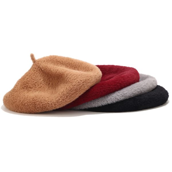 

women's fashion winter fluff hat french beret cap solid color outdoors warm windproof hat cozy stretchy skullcaps, Blue;gray