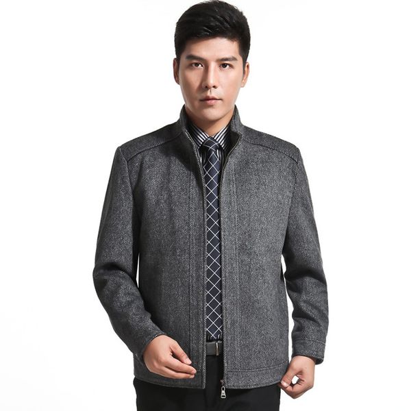 

autumn and winter middle-aged cashmere wool jacket thick-winter casual coat stand collar simple business men formal wear unlined, Black