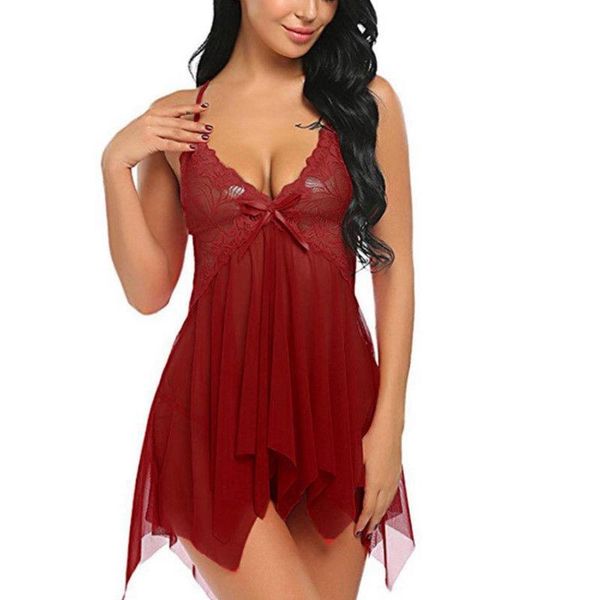 

women sleepwear ladies v neck lingerie sleepdress babydoll nightdress lace mesh nightgown homewear a1, Black;red