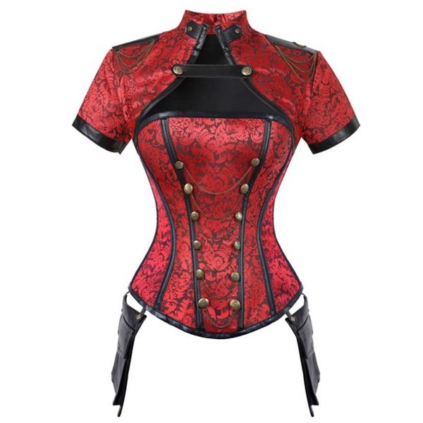 

new gothic steampunk costume vintage corsets with short cloak red black jacquard bustier corsets for women plus size 2xl, Black;white