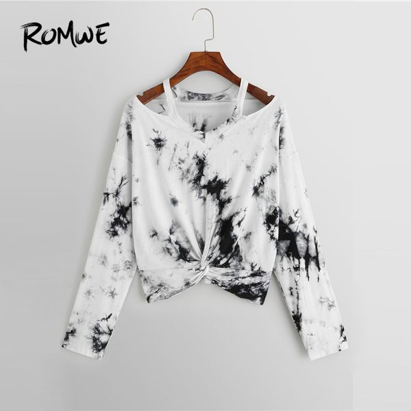 

tie dye twist front tee long sleeve 2019 spring contrast collar crop t shirt women autumn fashion ladies v neck tee, White