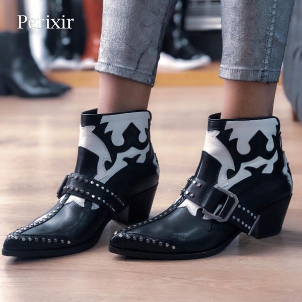 

2019 new pu leather ankle boots women rivets buckle designer high heel shoes pointed toe wedge cowboy boots fashion short, Black