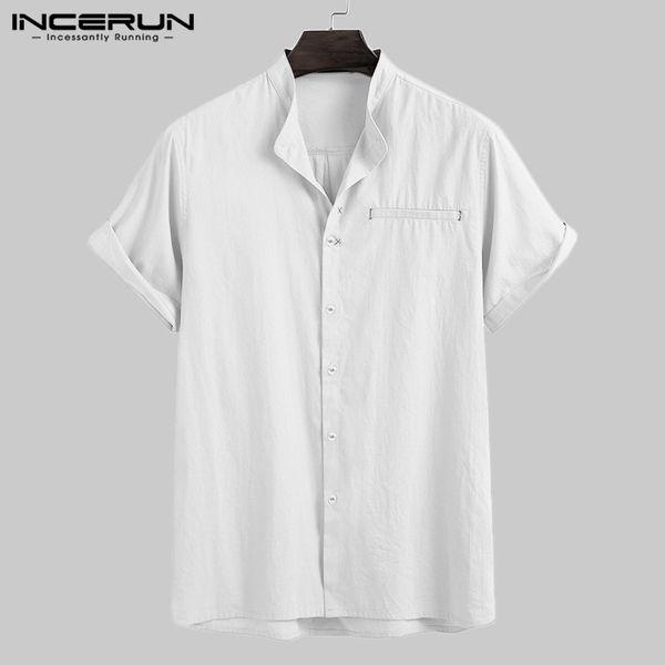 

incerun man solid color short sleeve lapel shirt casual loose pockets cotton camisa comfortable blusa men solid color shirts 3xl, White;black