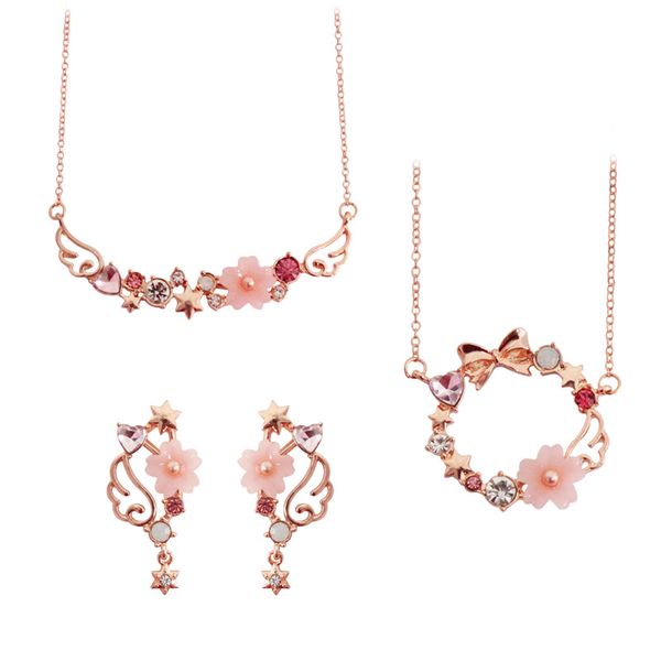 

lavieen accessories girl's pink bow cherry blossom necklace ear stud women's ##, Black