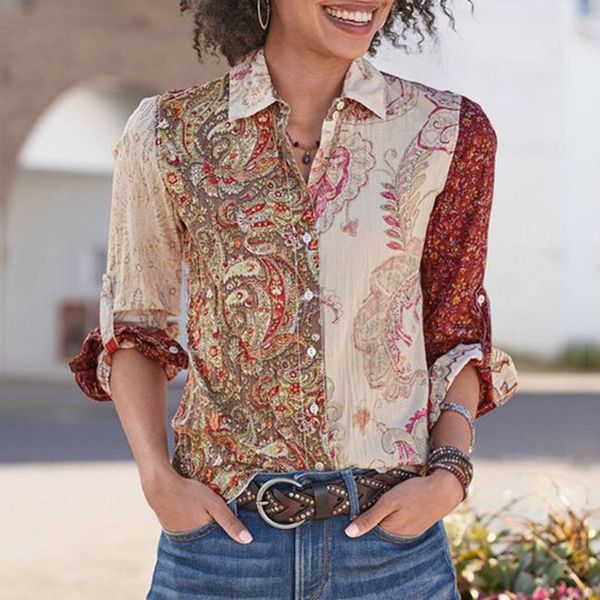 

plus size women designer shirts fashion floral printed long sleeve lapel neck shirts new style womens blouses, White