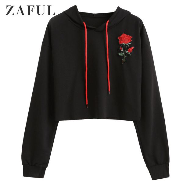 

zaful rose applique drawstring drop shoulder hoodie full sleeves autumn floral women pullover casual outdoor sweatshirts 2019, Black