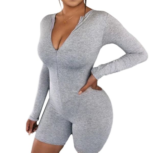 

women's jumpsuits & rompers women jumpsuit long sleeve deep v-neck playsuit front zipper bodycon slim causal homewear shorts bodysuit 2, Black;white