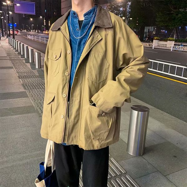 

men's jackets autumn winter 2021 japanese retro tooling jacket male brand korean loose clothes multi pocket handsome, Black;brown