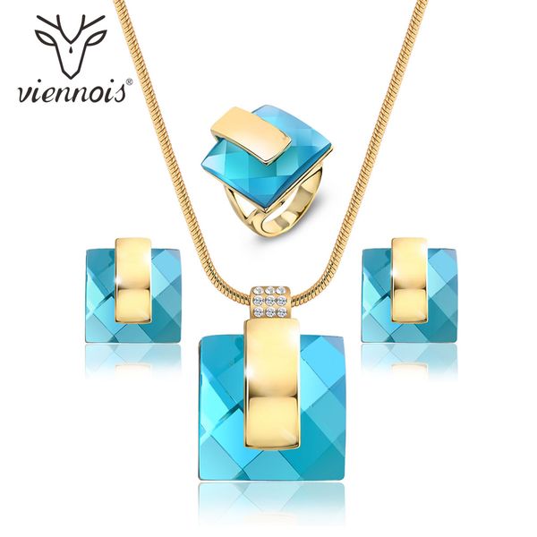 

viennois gold color blue stone square rhinestone earrings necklace jewelry set wedding party new women jewelry, Silver