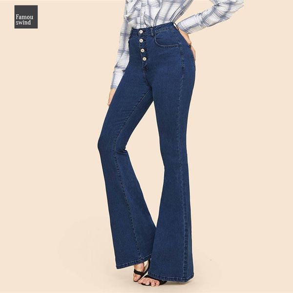 

jeans blue button up flare hem capris woman long denim trousers pants 2019 fall mid waist stretch women jeans