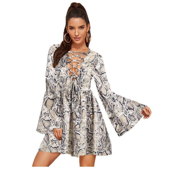 

women's snake skin printed cross bandage ruffle long flare sleeve dress tuinc boho long summer evening party dresses, Black;gray