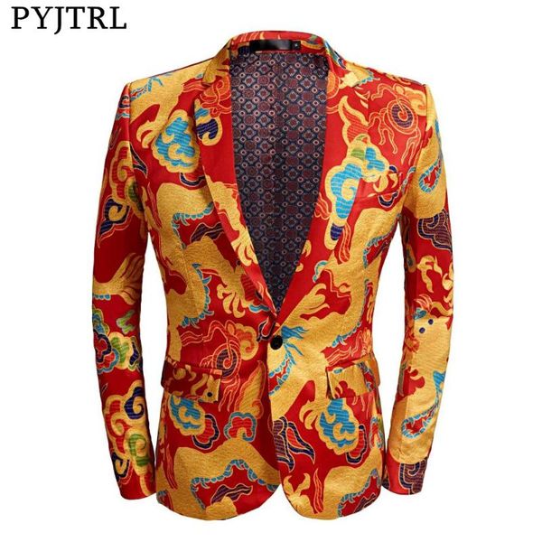

pyjtrl tide men chinese style red gold dragon design casual suit jacket plus size singer costume wedding groom prom party blazer, White;black