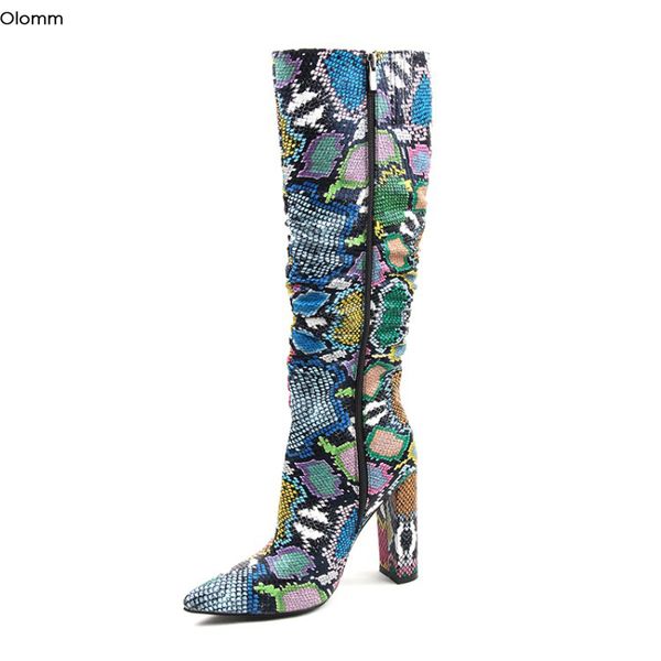 

olomm new fashion women mid calf boots square high heels boots pointed toe gorgeous brown blue dress shoes women us size 6-9.5, Black
