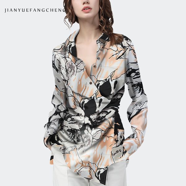 

women's blouses & shirts fashion satin printed women' blouse high waist lace-up asymmetry length long sleeve v-neck elegant ladies, White