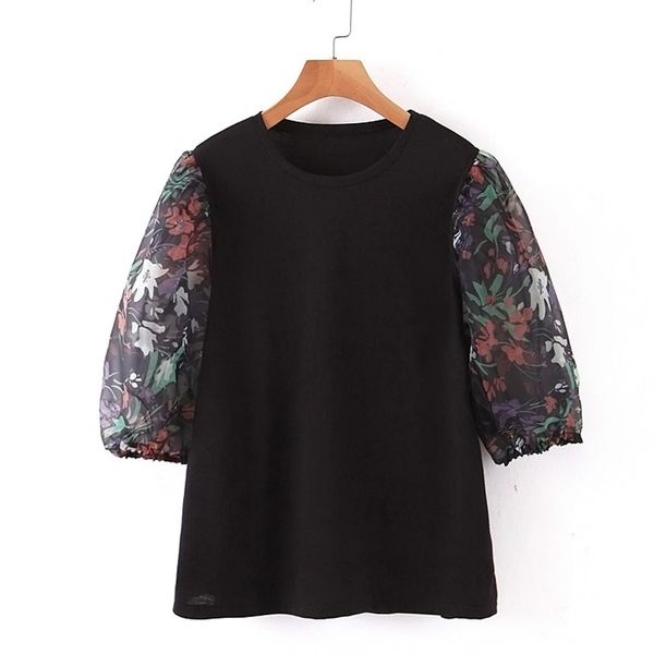 

zoepo o neck patchwork tshirts women fashion casual slim women elegant translucent puff sleeve tees female ladies kd, White